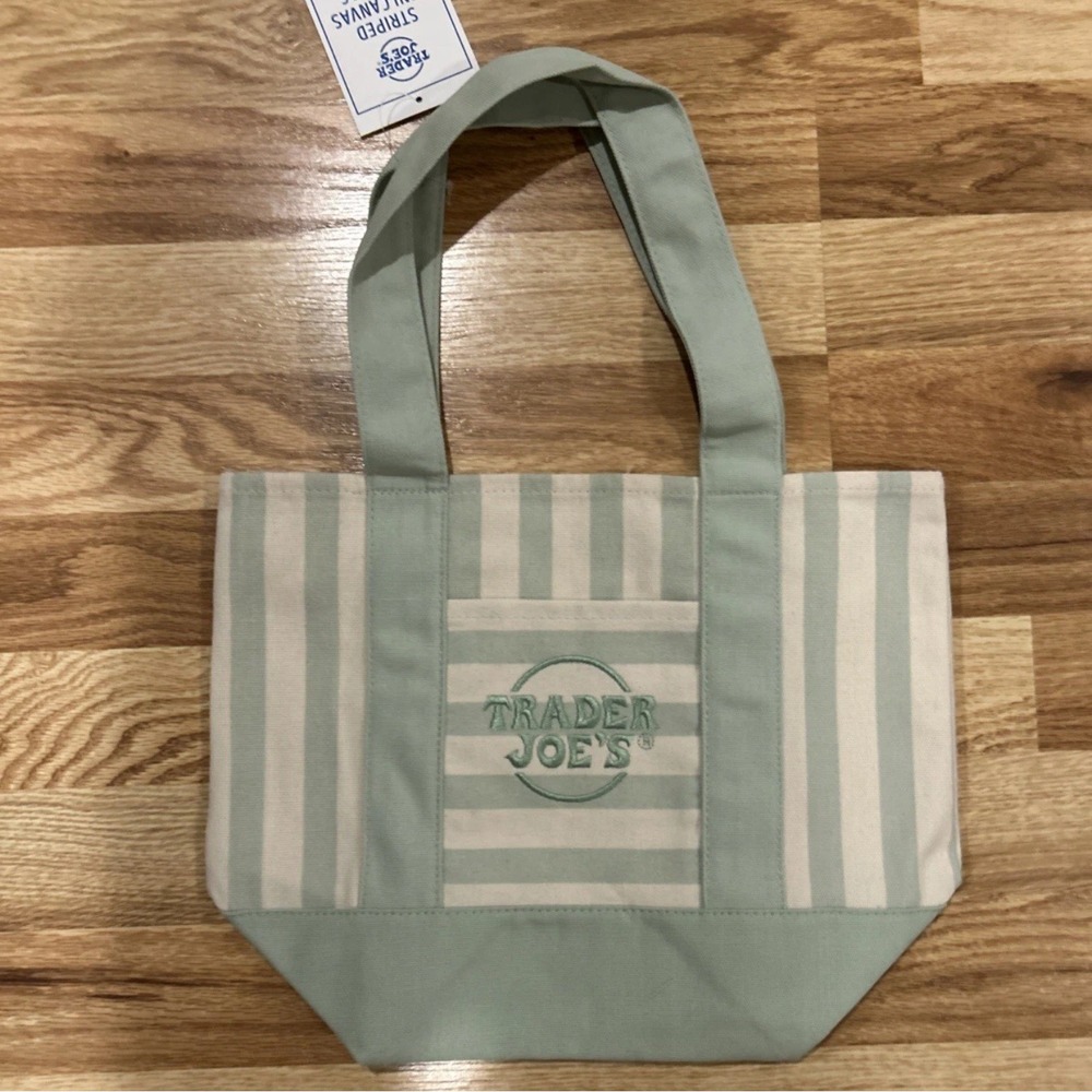 Trader Joe's Limited Edition Striped Mini Canvas Tote Bag Green Pastel NWT
